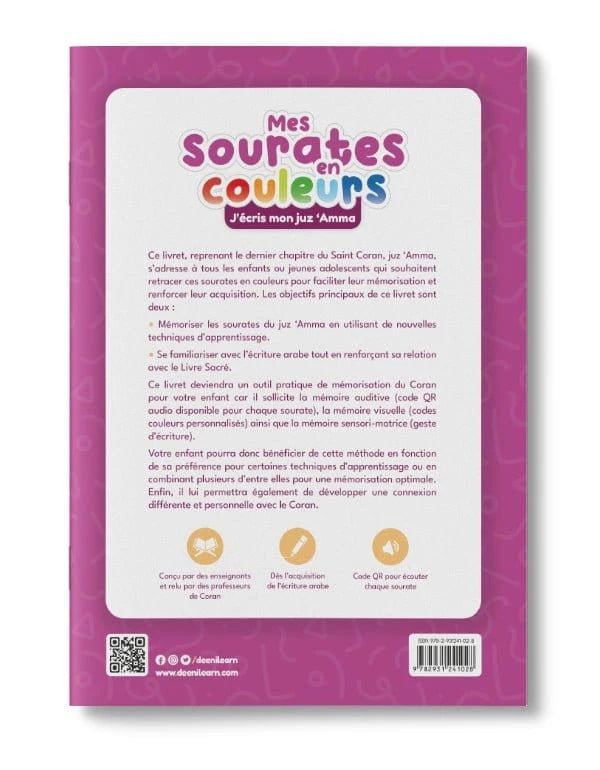 Mes sourates en couleurs - J'écris mon juz 'Amma (Version Fille) DeeniLearn Livre Islam Enfant 9782931241028 Librairie Musulmane Al-imen