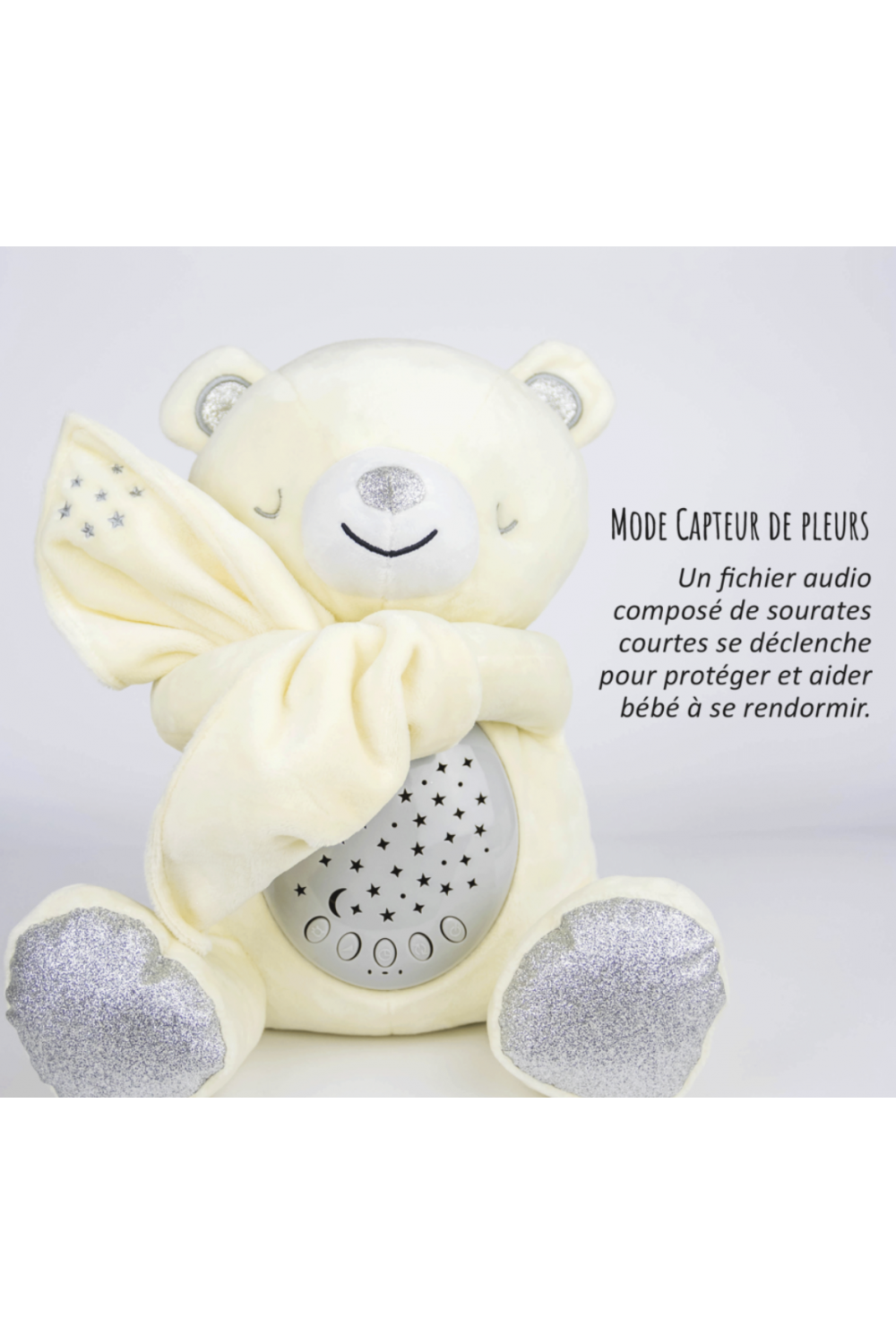 Nounours Jabar - Veilleuse coranique pour enfants avec capteur de pleurs et récitation du Coran - Mode de capteur de pleurs