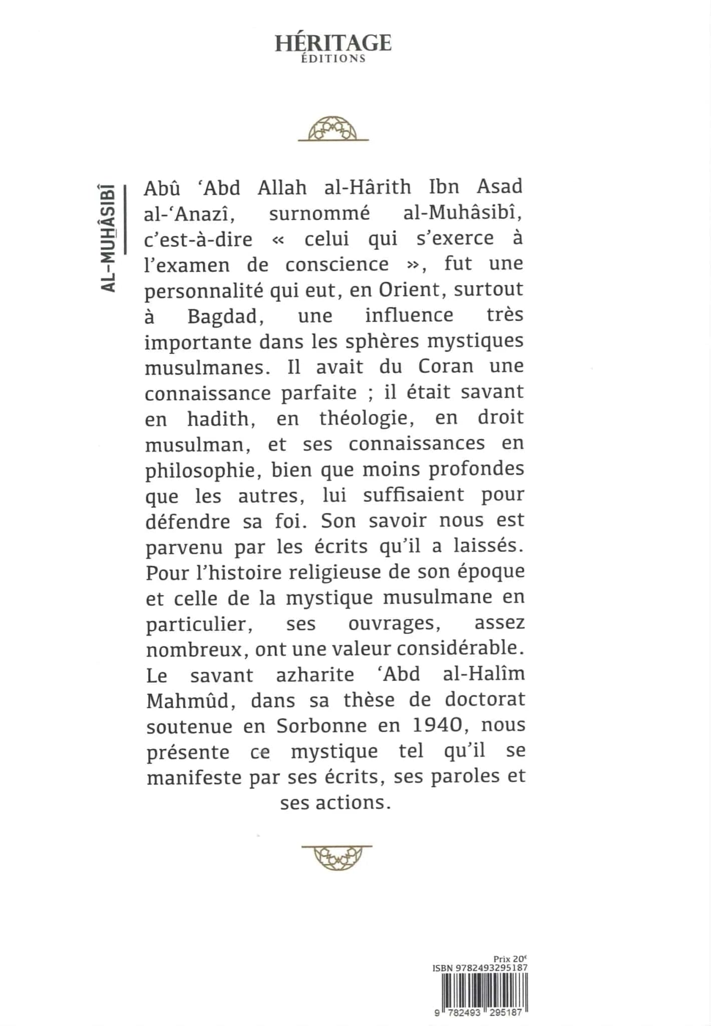 Al-Muhasibi – Un mystique musulman religieux et moraliste d'Abd al-Halîm Mahmûd Héritage Livre > Islam 9782493295187 Librairie Musulmane Al-imen