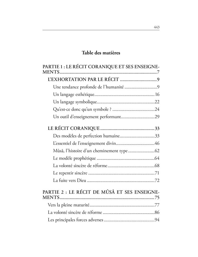 Du cheminement spirituel de Mûsâ - Aïcha B. Abdelkader - Table des Matières