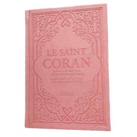 Le Saint Coran Rose Pâle - Couverture Daim - Pages Arc - En - Ciel - Français - Arabe - Phonétique - Maison Ennour Al - imen